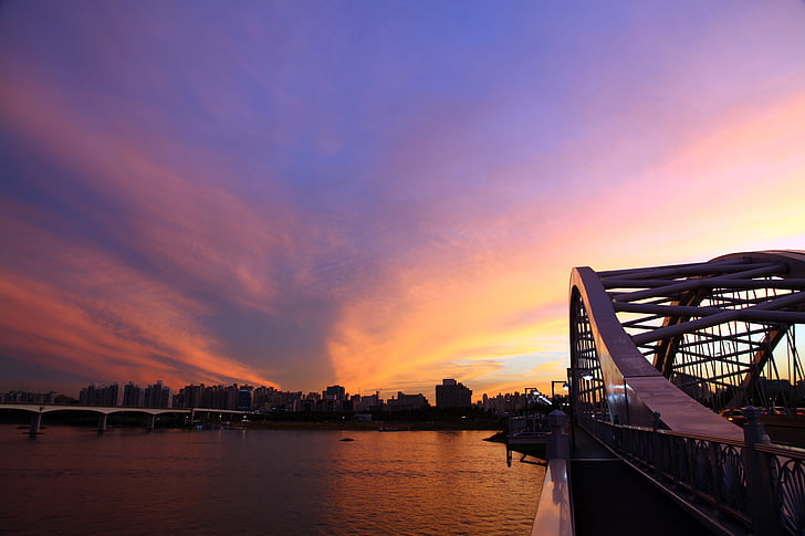 Republiken korea, Seoul, Hanfloden, glöd, landskap, Sky, molnet