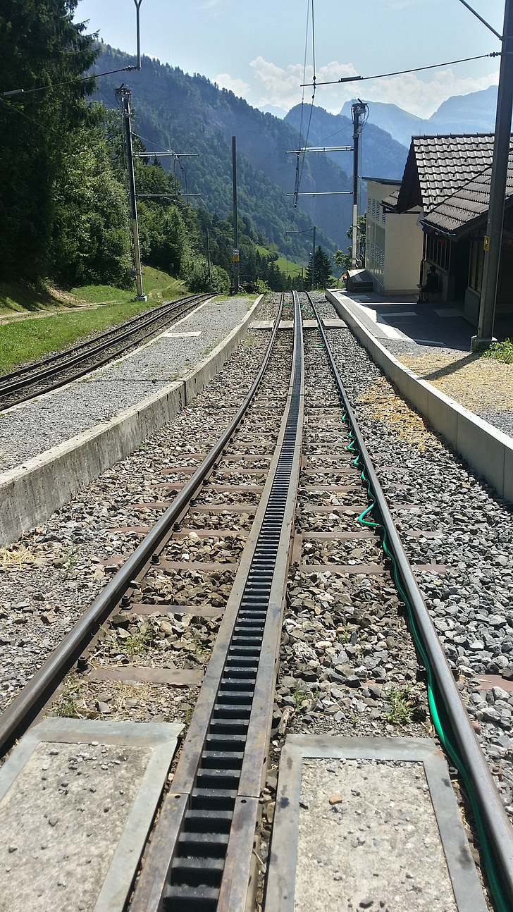 željeznicom, vlak, zupčastom, Željeznički, planine, Alpe, Švicarska