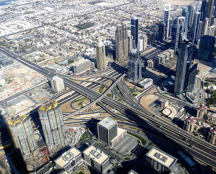 mrakodrapy, průnik, pohled, Dubaj, emiráty, město, Letecký pohled