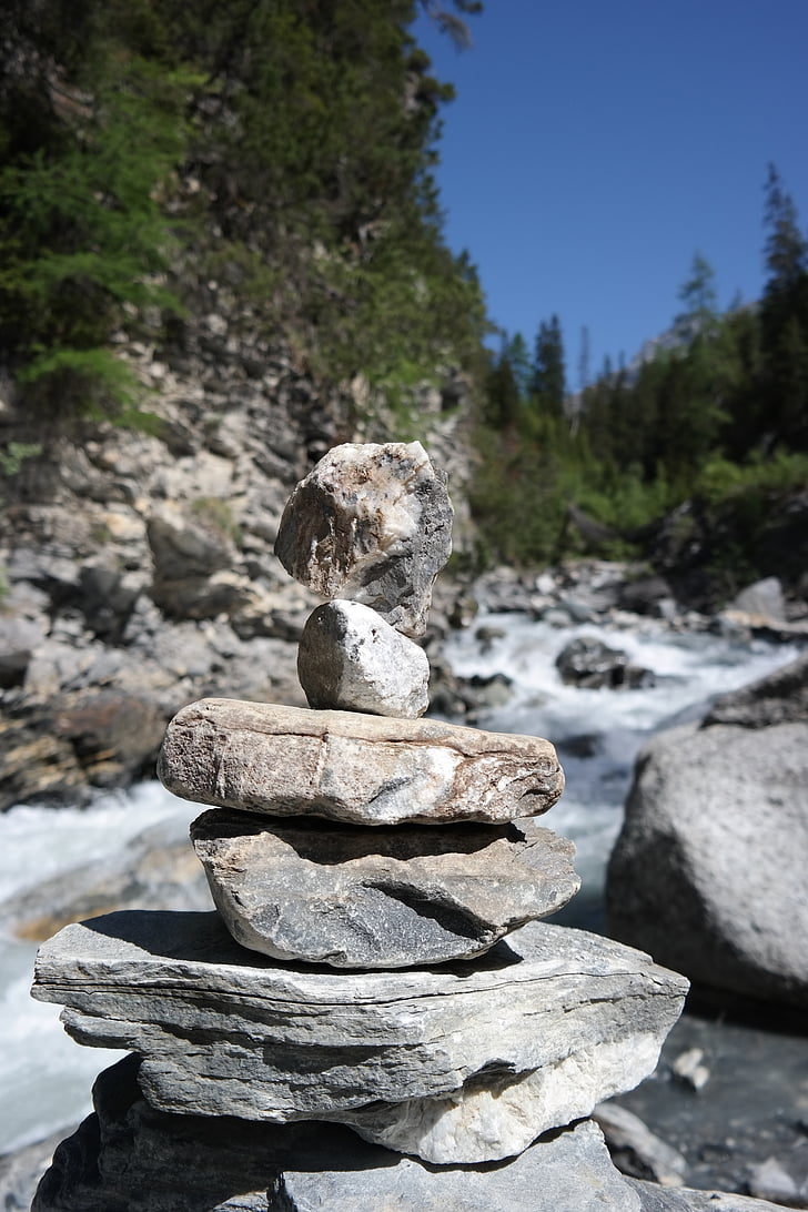 cairn, stones, river, flow, water
