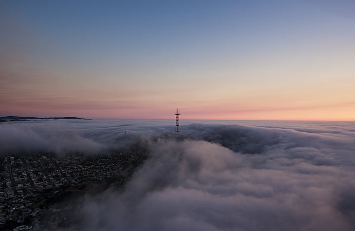 tower, clouds, cloud, sunset, fog, san francisco, sky