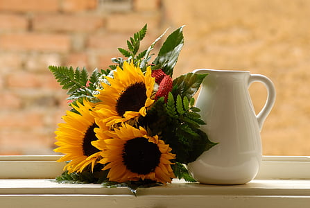 okno, Slunečnice, džbán, ráno, květ, váza, žádní lidé