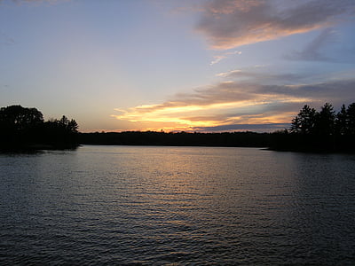 Lago, puesta de sol, agua, paisaje, cielo, naturaleza, calma