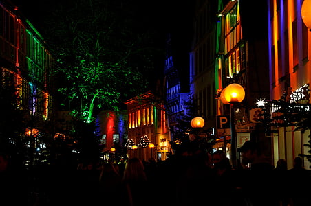 shopping street, evening, wallwasher, osnabrück, christmas market, vibrant color