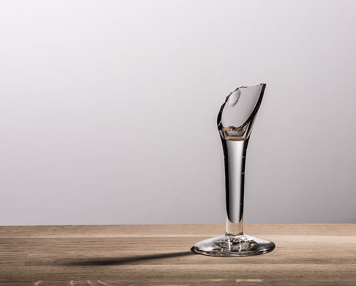 broken, clear, glass, shadow, sharp, wine glass, wooden table