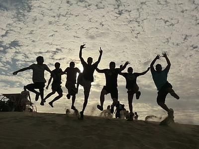 people, sand, desert, jump, joy, silhouettes