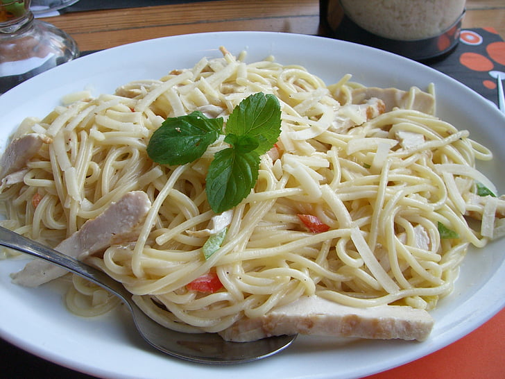 alimentaire, savoureux, Italien, pâtes alimentaires, spaghetti, poulet, crémeux
