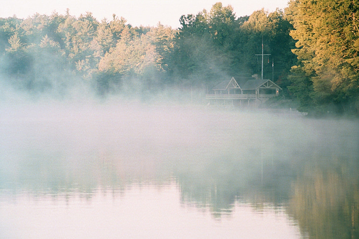 霧, 湖, 日の出, 風景, 水, 自然, ミスト