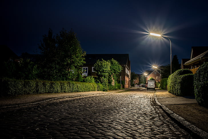 barmstedt, city, road, cobblestones, blue hour, lamp, town of barmstedt
