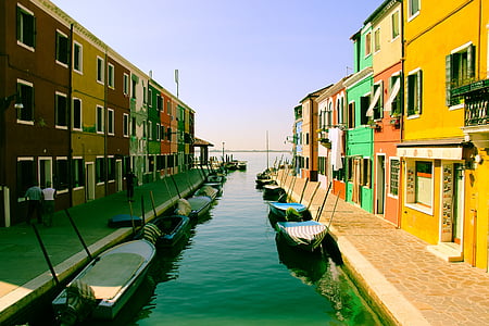 robåt, kanalen, båter, Urban, fargerike, fasade, hus