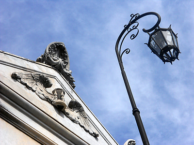 street lamp, lantern, iron, sky, light, facade, cemetery