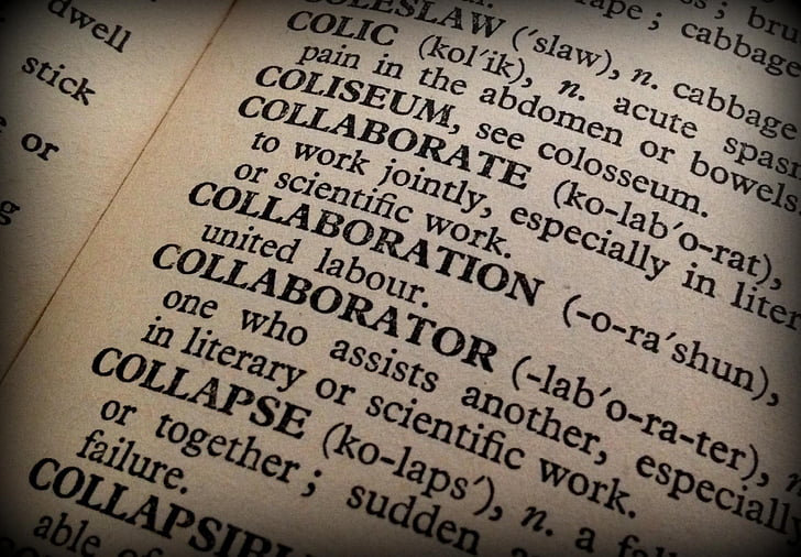 collaboration, collaborator, book, dictionary, words, communication, single Word