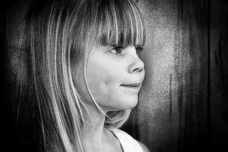 child, girl, blond, long hair, face, view, black and white recording