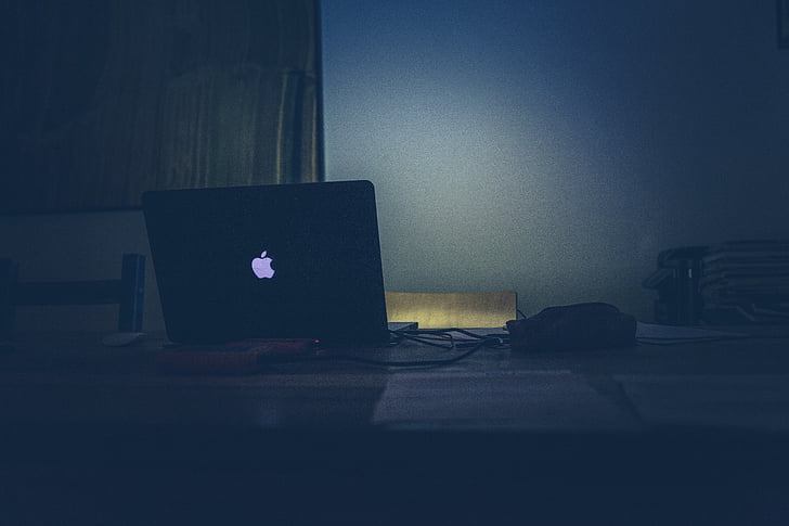 dark, desk, laptop, macbook, table, technology, workplace
