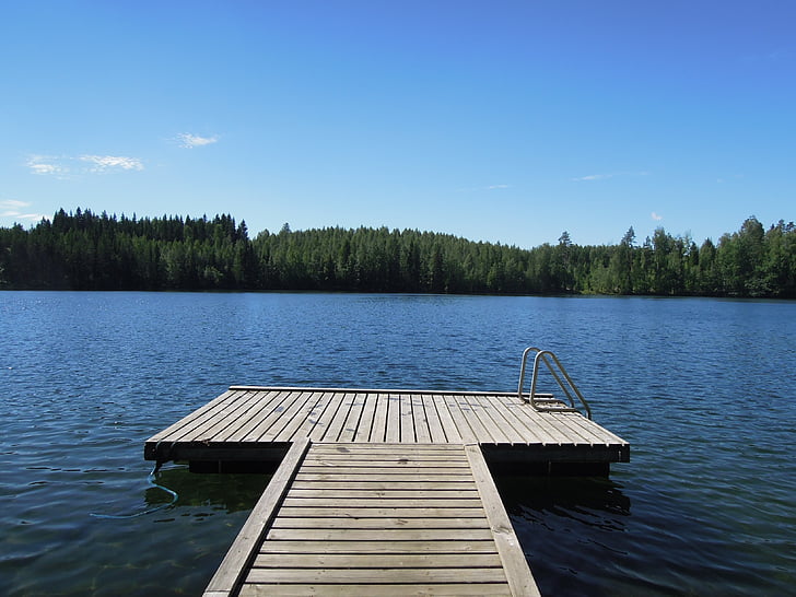 Пиер, вода, езеро, плаж, лято, Финландски, синьо