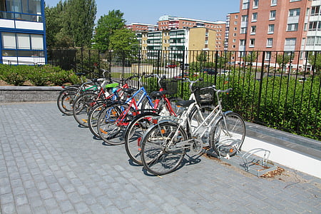 vélos, Pierre de béton, Malmo, vélo, Amsterdam, rue, scène urbaine