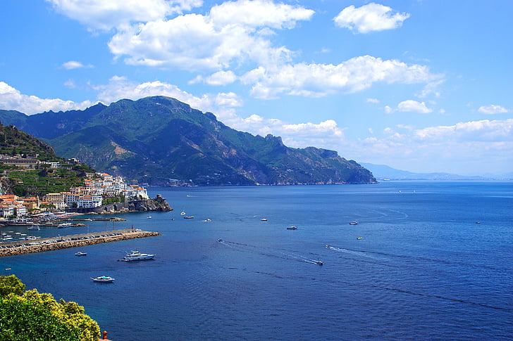 İtalya, Deniz, manzara, Amalfi coast, tekne, kaya, tatil