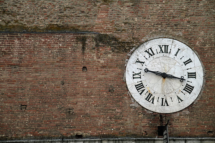 clock, wall clock, brick wall, old, roman, time