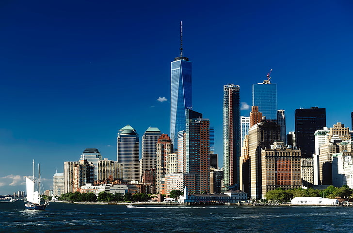 Urban, stadsbild, Manhattan, en Domkyrkotornet, skyskrapor, byggnader, arkitektur
