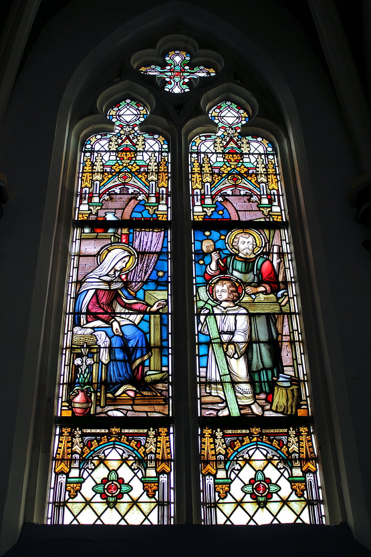 baznīca, reliģija, logu vitrāžas, krāsains