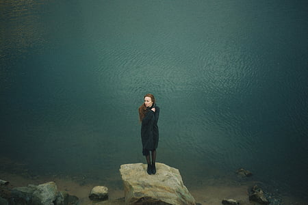 woman, standing, rock, water, woman standing, portrait, one person