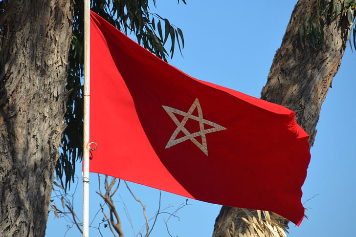 vlajka, Maroko, hviezda, flutter, červená, ranu, vietor