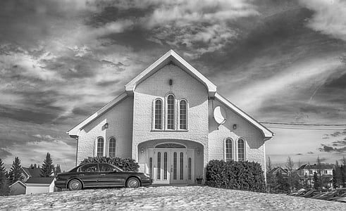 kerk, zwart-wit, b w, HDR, bewolkt, Canadese kerk, het platform