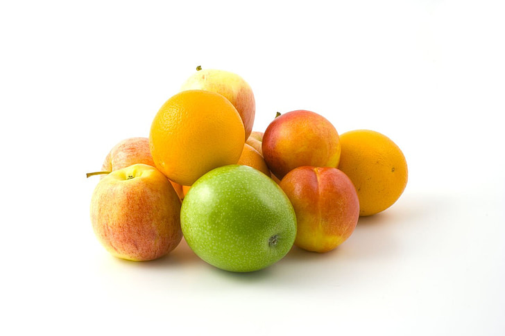 pommes, oranges, Peaches, pile, savoureux, frais, fruits