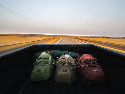 three, assorted, backpacks, pickup, truck, car, travel