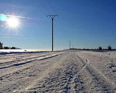 sne, ørken, solen, stråler, Road, spor, sne ørken