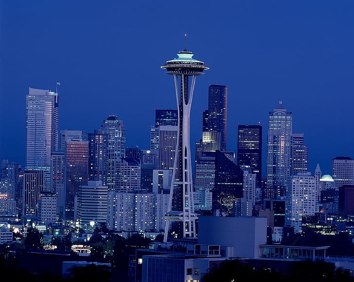 igły, miejsca, Wieża, Miasto, zachód słońca, wieży Space needle, Seattle, Washington