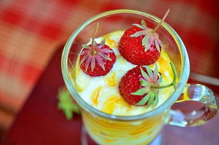 strawberries, dessert, glass, sweet, delicious, food, fruits