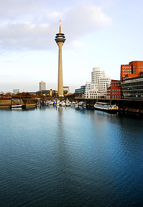 Marina, Rhen-tornet, Düsseldorf, berömda place, arkitektur, Urban scen, staden