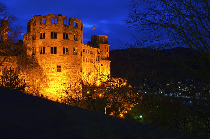 Heidelberg, slott, natt, belysning, fästning, Baden-württemberg, byggnad
