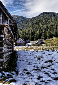 mountains, wooden houses, shepherd's house, wooden, nature, landscape, outdoor
