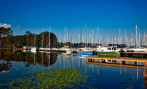 sjön guntersville, Alabama, Marina, båtar, segelbåtar, docka, vatten