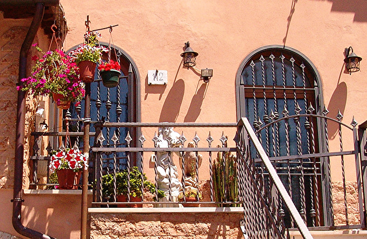 italy, facade, home, balcony, flowers, mediterranean