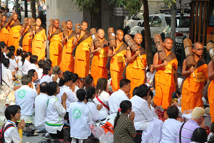 buddhister, munkar, promenad, tradition, ceremoni, personer, Thailand