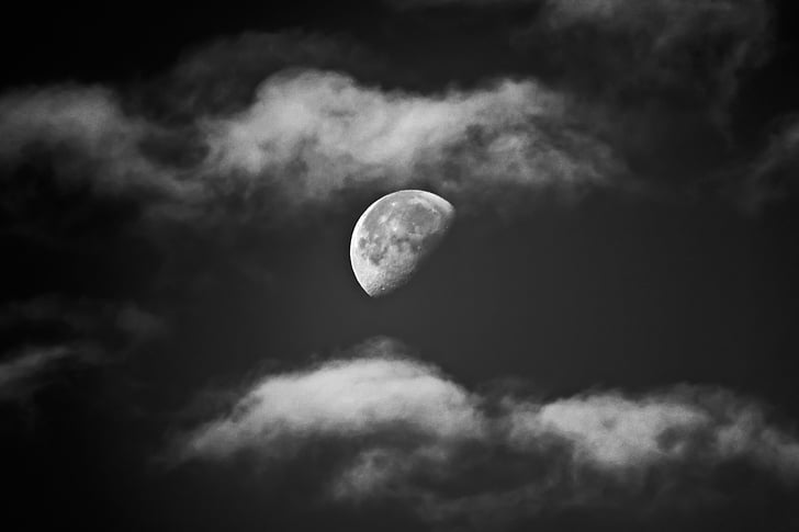 luna, oblaki, noč, črno-belo, nebo, mesečini, prostor