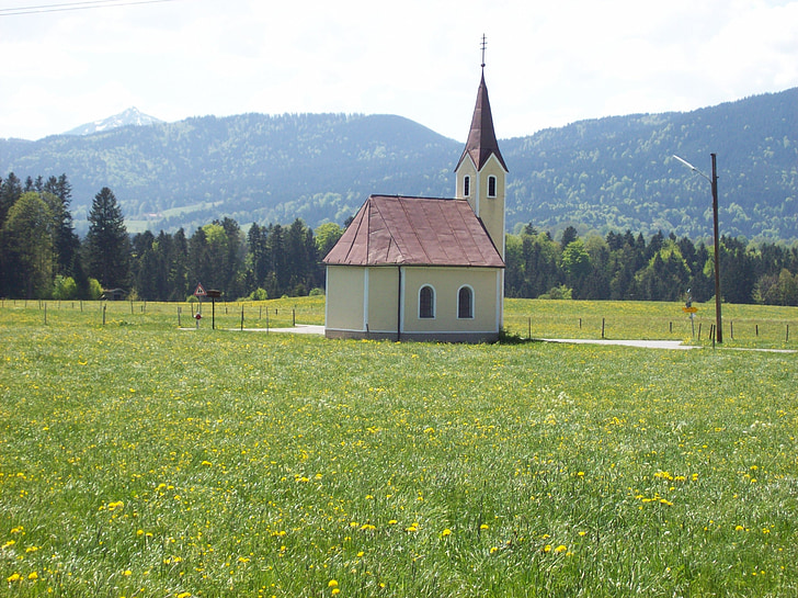 chapel, foothills of the alps, view, bavaria, landscape, meadow, sunny