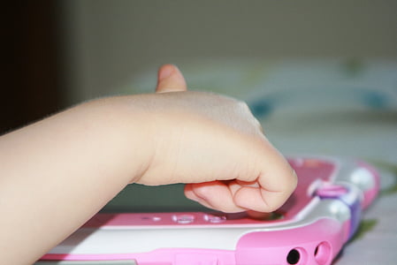 mão, dedo, brinquedos, Tablet, -de-rosa, Branco, família