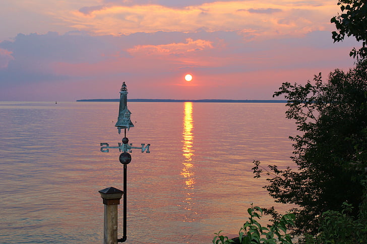 solnedgång, Lake erie, moln, skymning, Orange, reflektion, färgglada