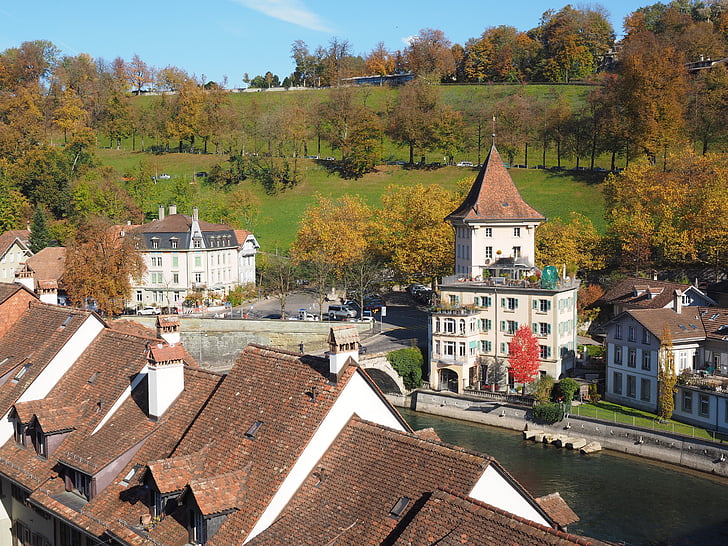 Bern, Oststadt, Unterdorf, Aare, építészet, Európa, régi