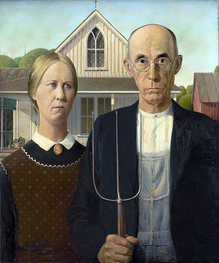 painting, grant wood, man, woman, farmers, couple, 1930