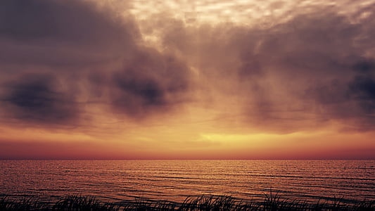 solnedgång, havet, moln, siluett, Afterglow, gräs, Horisont