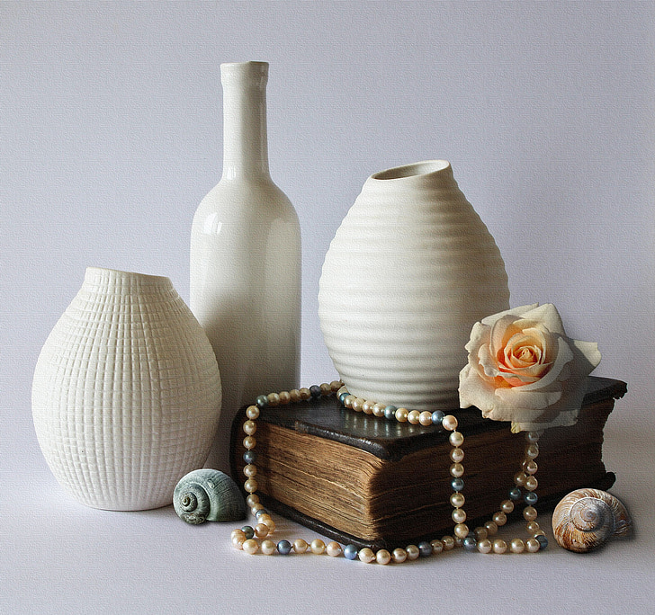nature morte, vases, décoration, céramique, blanc, vase à fleur, Craft