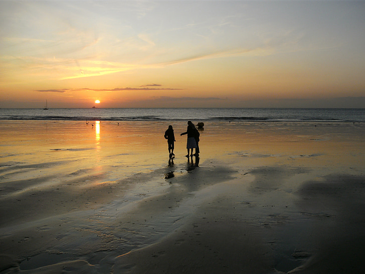 coucher de soleil, plage, Calais, silhouette, coucher de soleil coloré, mer