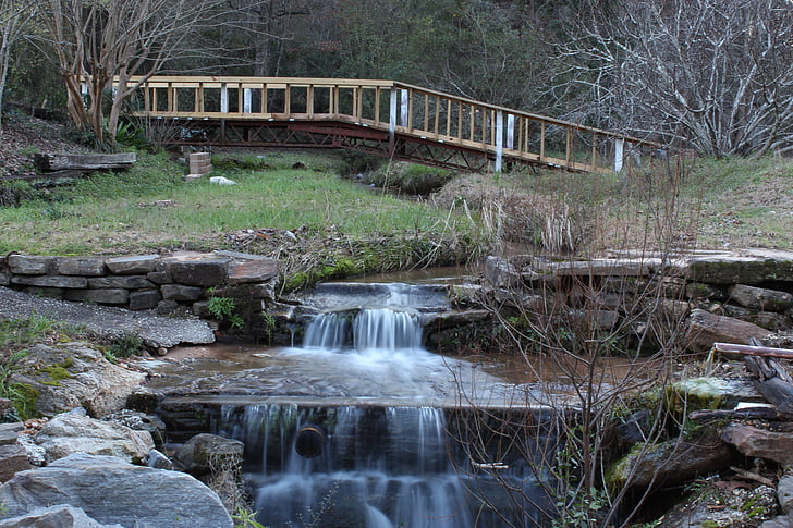 bridge, waterfall, outdoor