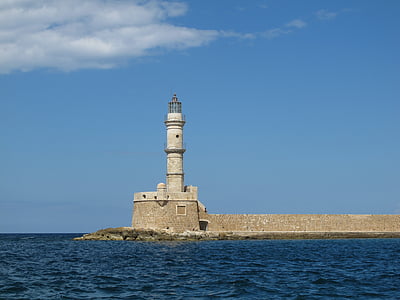灯台, クレタ島, 港の入り口, ポート, 水, 海, ギリシャ