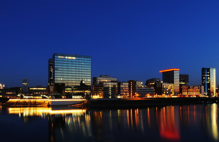 Düsseldorf, speditionstraße, blå timmen, lång exponering, arkitektur, Media harbour, hamn